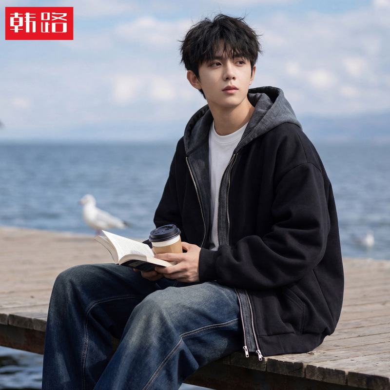 Color-Blocking Knit Patchwork Faux Two-Piece Cardigan Hooded Sweatshirt for Men, Spring Season, Trendy American-Style Casual Hoodie Jacket Color-Blocking Knit Patchwork Faux Two-Piece Cardigan Hooded Sweatshirt for Men, Spring Season, Trendy American-Style Casual Hoodie Jacket