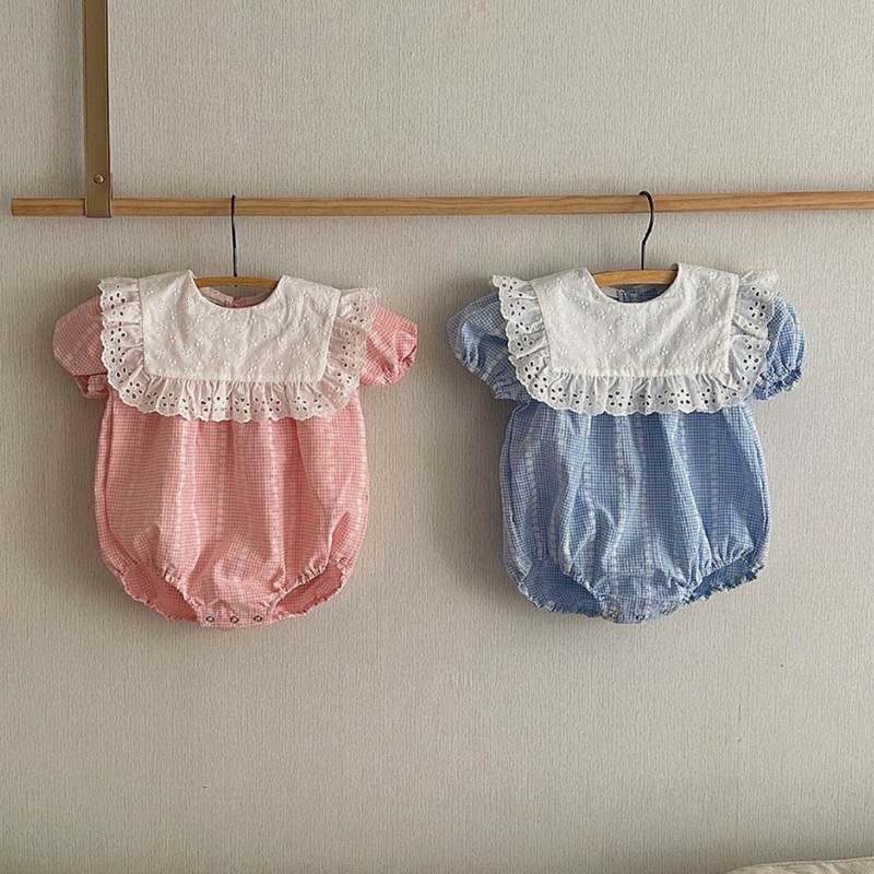 INS estilo coreano bebé niñas verano bordado hueco burbuja de encaje manga corta bolsa pedos mono solapa mameluco