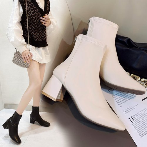 Women's  New Autumn/Winter White Martin Boots with Thick Heel and Inner Lift, Fashion and Slimming Square Toe Short Boots