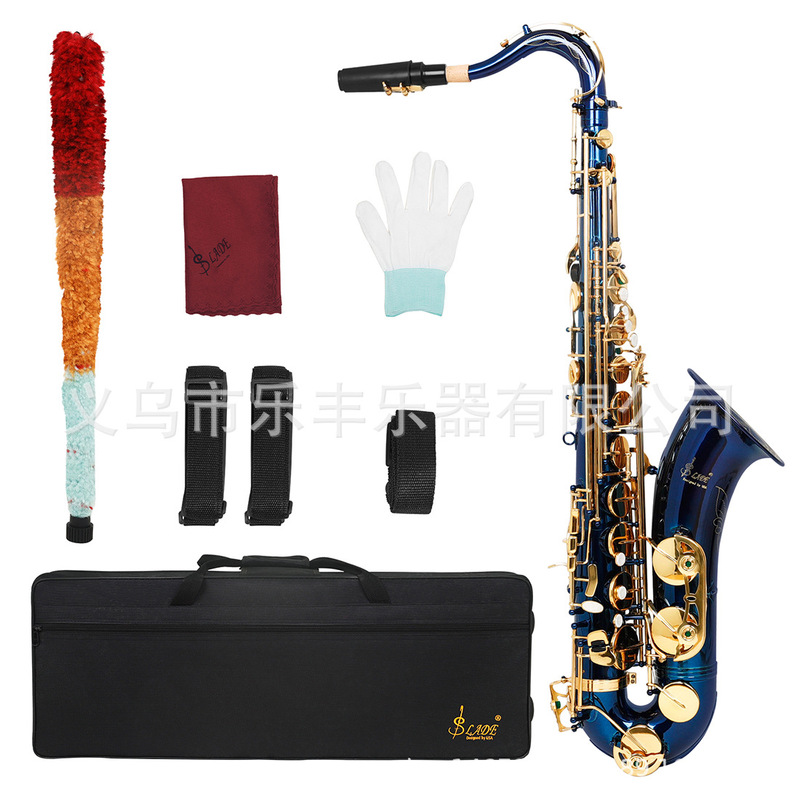 Slade Tenor Saxophone in B-Flat with Brass Body, Carved White Shell Keys, Blue Gold Key Set Slade Tenor Saxophone in B-Flat with Brass Body, Carved White Shell Keys, Blue Gold Key Set