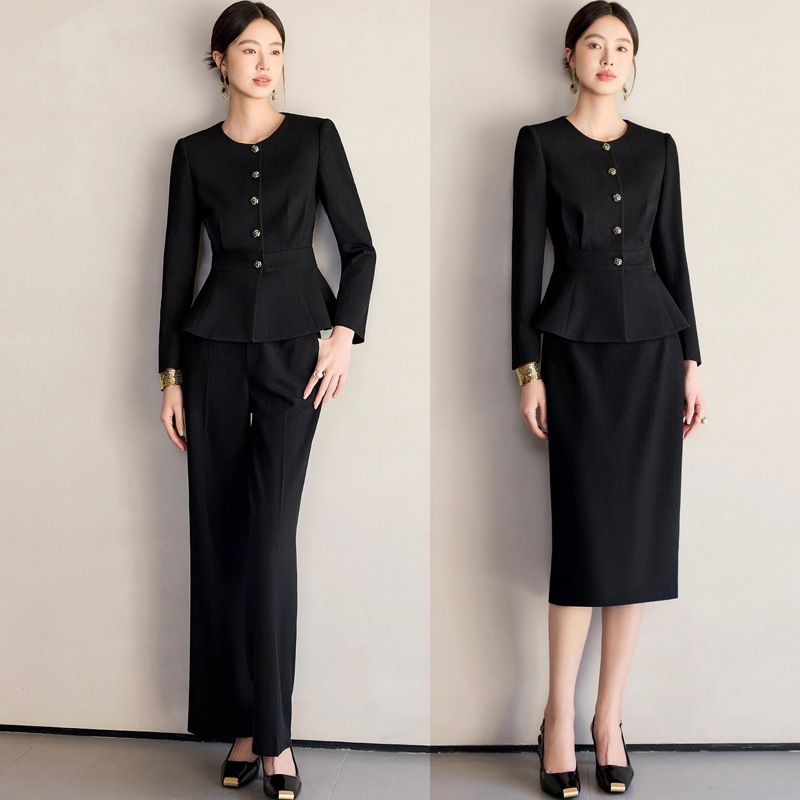 春と秋のファッションシングルブレストプロフェッショナルレディースパンツブラックスーツラウンドネックスリム痩身美容室ジュエリーショップフォーマルOL|undefined