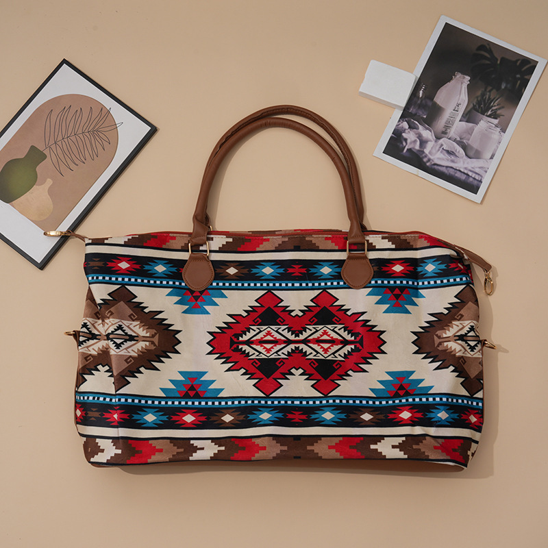 Cross-Border Ethnic Style Travel Handbag, Overnight Weekend Bag, Shoulder Bag, European and American Cow Print Canvas Bag, Expandable Bag, Vintage