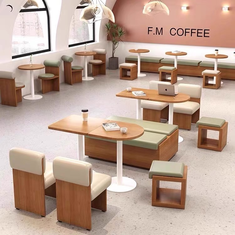 奶茶店咖啡厅休闲桌椅组合网红蛋糕面包烘焙店休息区靠墙卡座沙发|undefined