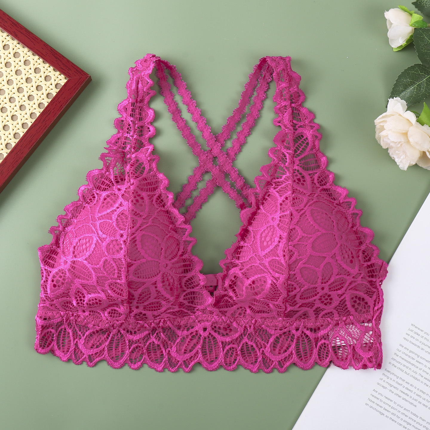 Cintas cruzadas de encaje de belleza de espalda pura sexy hueco transpirable reunido pecho pequeño mostrando un gran soporte sin anillo de acero ropa interior al por mayor