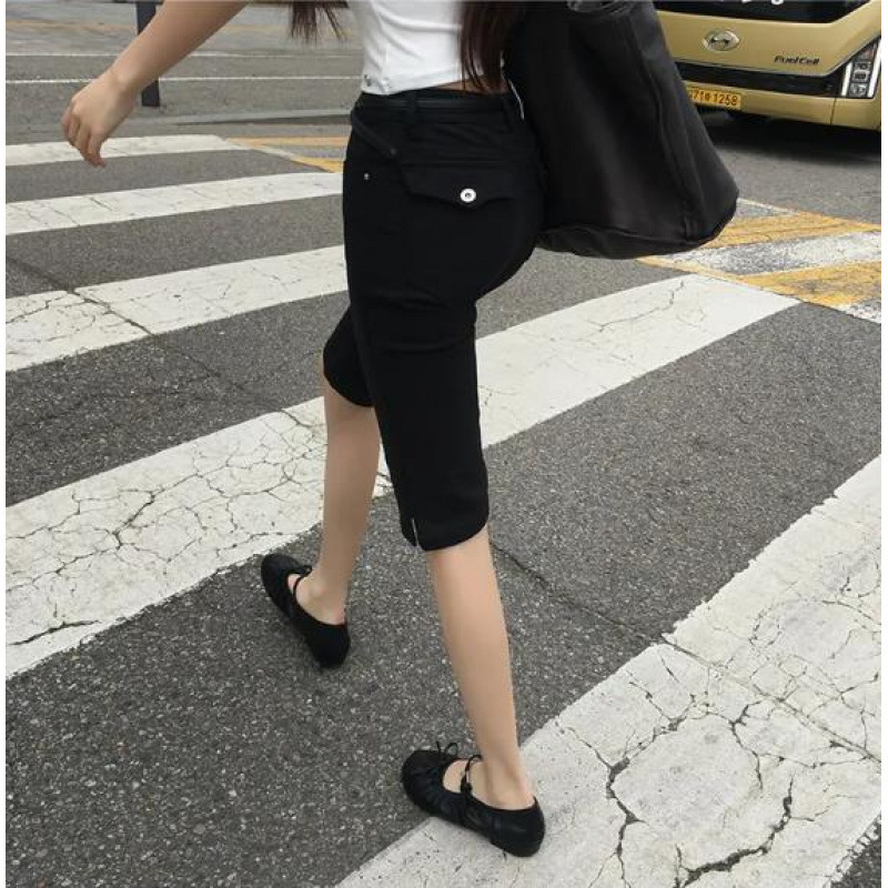 Korean-Style High-Waisted Stretchy Cropped Pants for Women, Summer Side-Slit Versatile Skinny Jeans Korean-Style High-Waisted Stretchy Cropped Pants for Women, Summer Side-Slit Versatile Skinny Jeans