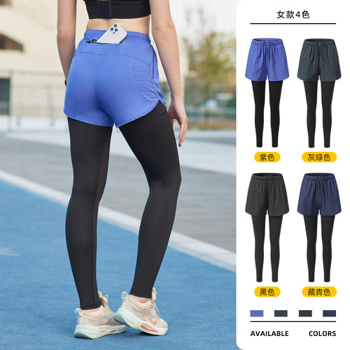 European and American cross-border fitness pants elastic running quick-drying pants basketball training pants fake two-piece tight sports pants for men and women