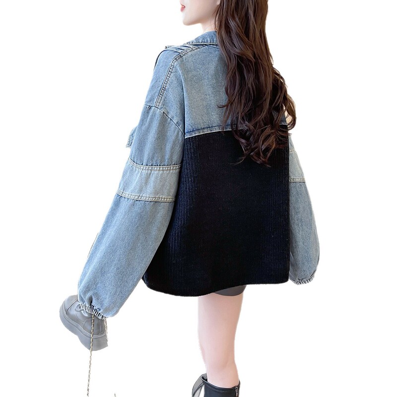 牛仔拼接立领毛衣外套女秋冬2025宽松洋气复古慵懒风高品质针织衫|undefined