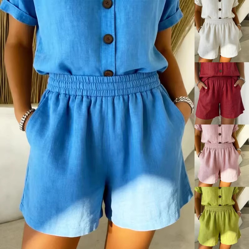 2026 European and American Cross-Border Summer Independent Site Amazon New Solid Color Pocket Casual Comfortable Cotton and Linen Women's Shorts