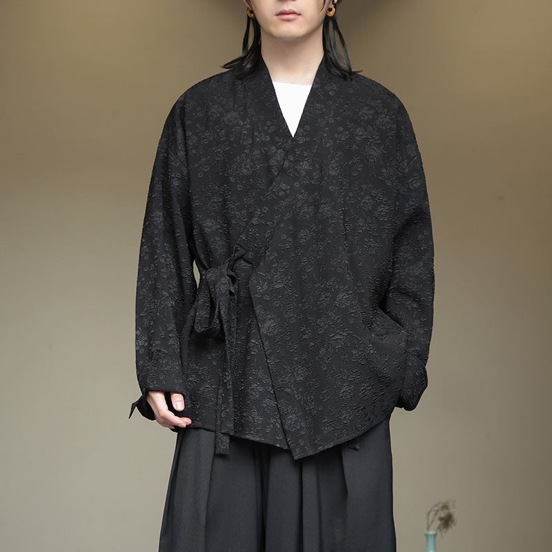 2024 Spring and Summer New Chinoiserie Men's Retro Casual Outwear Han Dynasty Cardigan New Chinoiserie Oblique Placket Long-Sleeved Taoist Robe