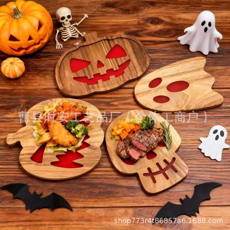 Wooden Christmas Dinner Plate Set, Pumpkin-Shaped Ghost Skull Tray, Outdoor Party Cheese, Fruit, and Pastry Plate Wooden Christmas Dinner Plate Set, Pumpkin-Shaped Ghost Skull Tray, Outdoor Party Cheese, Fruit, and Pastry Plate
