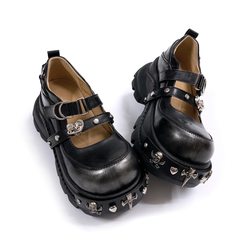 [in Stock] Original Design Dark Gothic Lolita Punk Round-Toe Metal Thick-Soled Platform Mary Jane Shoes for Women