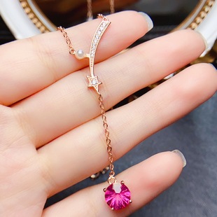 New natural powder topa necklace S925 silver inlaid main stone 8*8mm Joker net red explosions women's jewelry wholesale