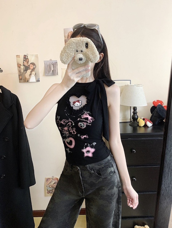 66016#美式印花一字肩背心围脖T恤女夏季甜酷辣妹显瘦修身短款|undefined