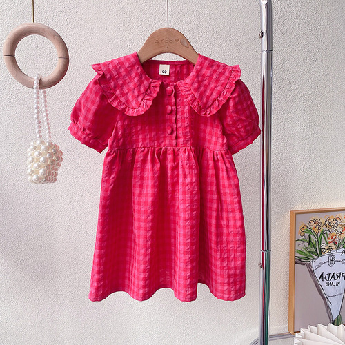 Dress with Peter Pan collar, grid bag button princess dress, 24 summer new model foreign trade children's clothing distribution