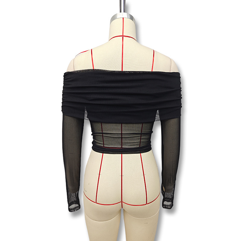 Damen Ein-schulter-netzoberteil Langarm Slim Fit Elegant Sommer_voghion.com
