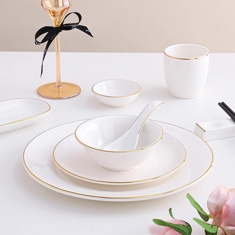 Wholesale Hotel Restaurant Ceramic Gold-Rimmed Tableware New Chinese Club Plate Bowl Bone Plate Set Three or Four Pieces Wholesale Hotel Restaurant Ceramic Gold-Rimmed Tableware New Chinese Club Plate Bowl Bone Plate Set Three or Four Pieces