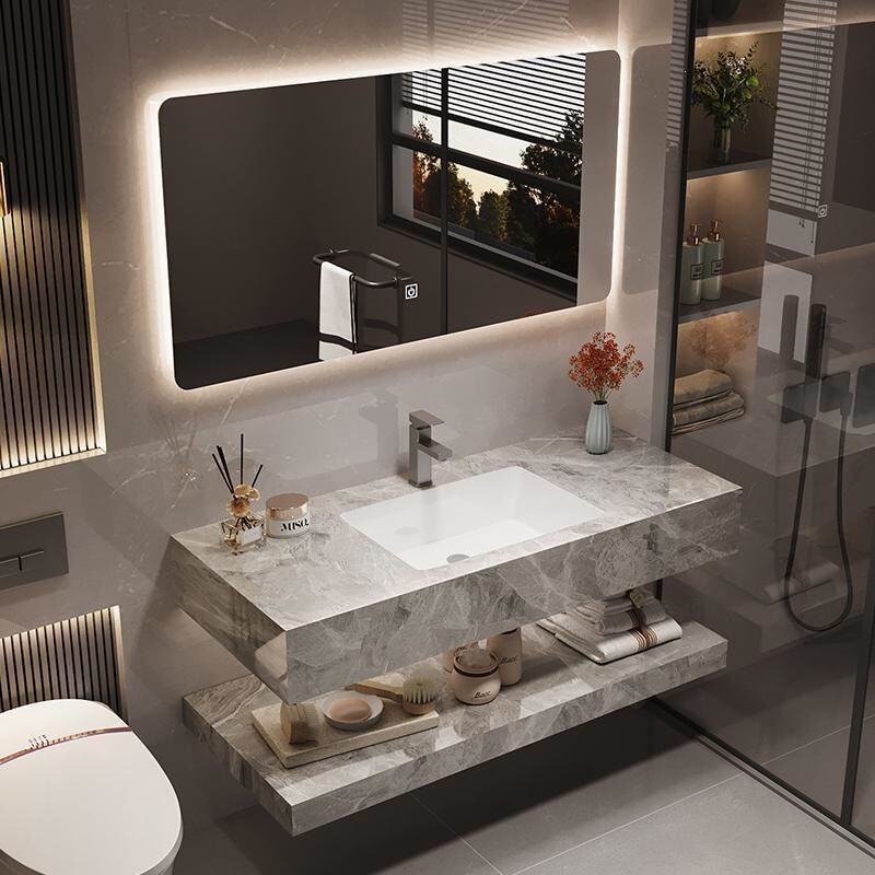 Light Luxury Homestay Hotel Double-Layer Slate Seamless Integrated Washbasin Ceramic Bathroom Washbasin Bathroom Cabinet Light Luxury Homestay Hotel Double-Layer Slate Seamless Integrated Washbasin Ceramic Bathroom Washbasin Bathroom Cabinet