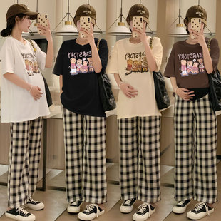 Real shot pregnant women Summer new short sleeve loose casual slimming cartoon T-shirt pregnant women suit two-piece set