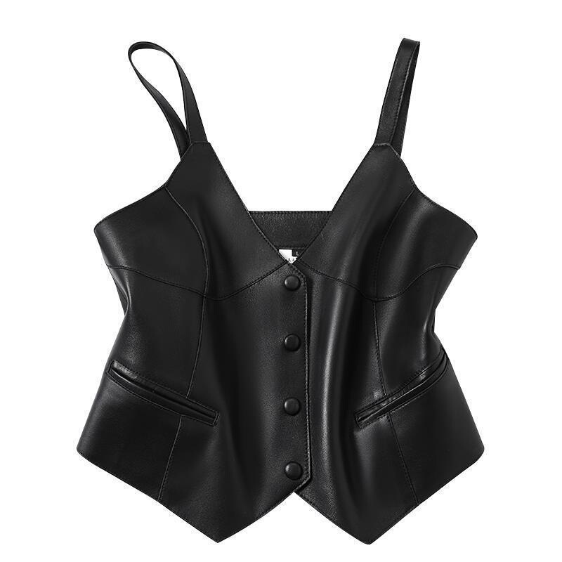 Fashionable Outerwear Leather Camisole Vest for Women, Leather Vest for Layering, V-Neck, 2024 Autumn and Winter New Style Fashionable Outerwear Leather Camisole Vest for Women, Leather Vest for Layering, V-Neck, 2024 Autumn and Winter New Style
