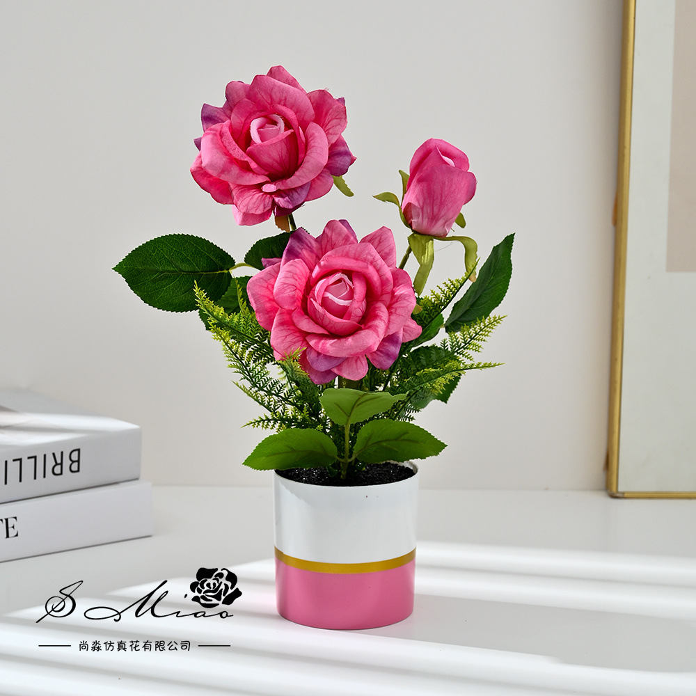 Transfronterizo de tres cabezas rosa bonsai imitación maceta flores falsas props de fotografía flores artificiales bodas decoración del hogar