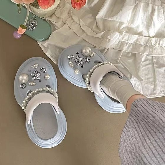 2025 Summer Women's Cave Shoes Water Pearl Necklace Sandals and Slippers Non-slip Baotou Increased EVA High Color Value