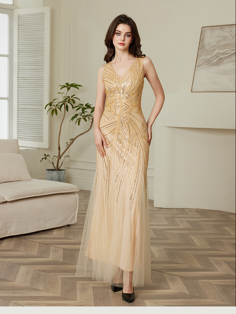 Paillettenkleid, elegantes Abendkleid, europäischer und amerikanischer Stil, tailliertes Partykleid, langes Kleid_voghion.com