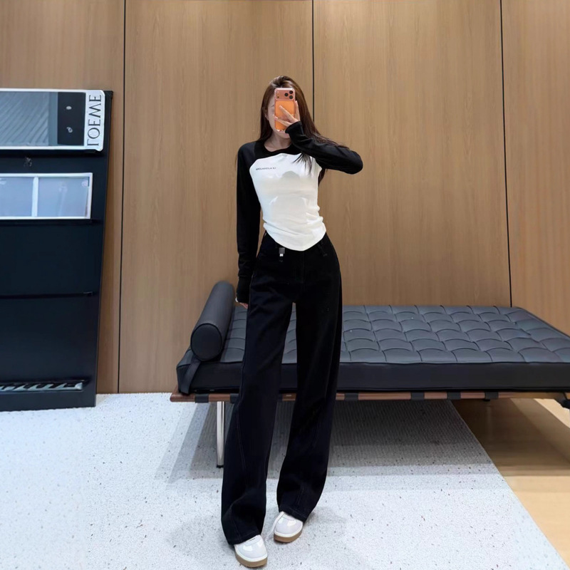 Nanyou Women's Pants 2025 Autumn New Style Patchwork Plaid Scimitar Jeans Women's Vintage High Waist Loose Wide Leg Pants