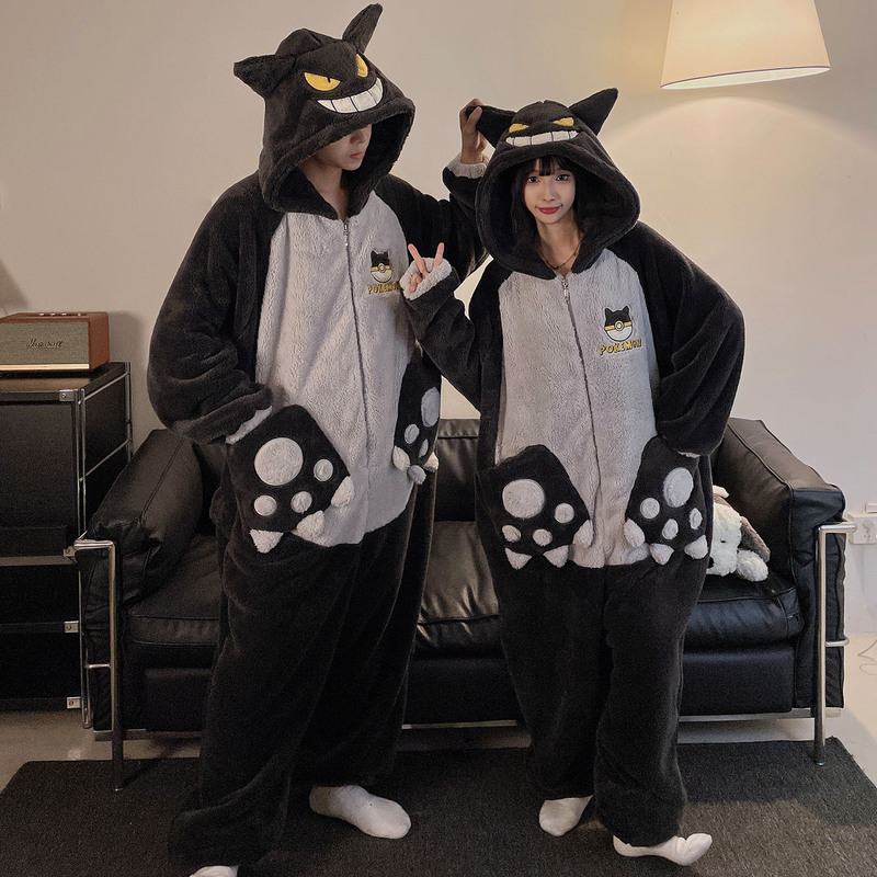 ワンピースのカップルのパジャマの女性の珊瑚の絨毯は厚いです。秋冬の男性のファスナーのフランネルの家の服は一体になります。|undefined