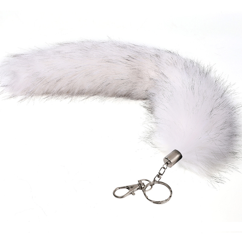 LLavero de cola de zorro de gran tamaño colgante de las mujeres llavero de coche bolsa colgante de piel real