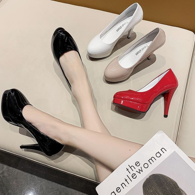 Foreign Trade New High-Heeled Fashion Women's Shoes Waterproof Platform Stiletto Shoes Patent Leather Round Toe Large Size Work Women's Shoes Wholesale