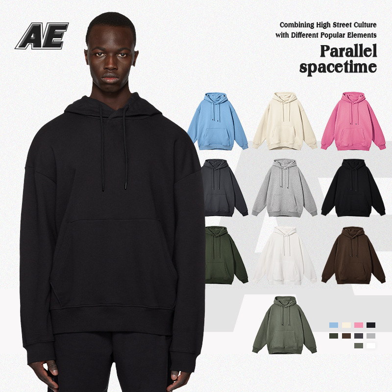 广州仓  AE男装2024秋冬季潮牌情侣加绒连帽卫衣纯色跨境美式卫衣