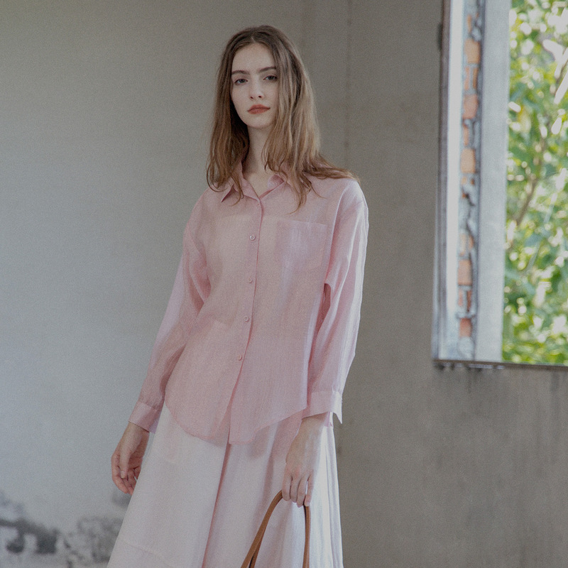 Jiumu 2025 Summer Thin Tencel Acetate Solid Color Turn-Down Collar Shirt for Women Commuting Versatile Sunshade Sun Protection Top