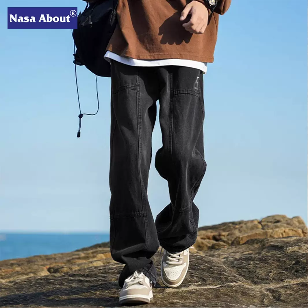 NASA复古拼接牛仔裤子男款2025春季新款直筒裤美式高街阔腿长裤男