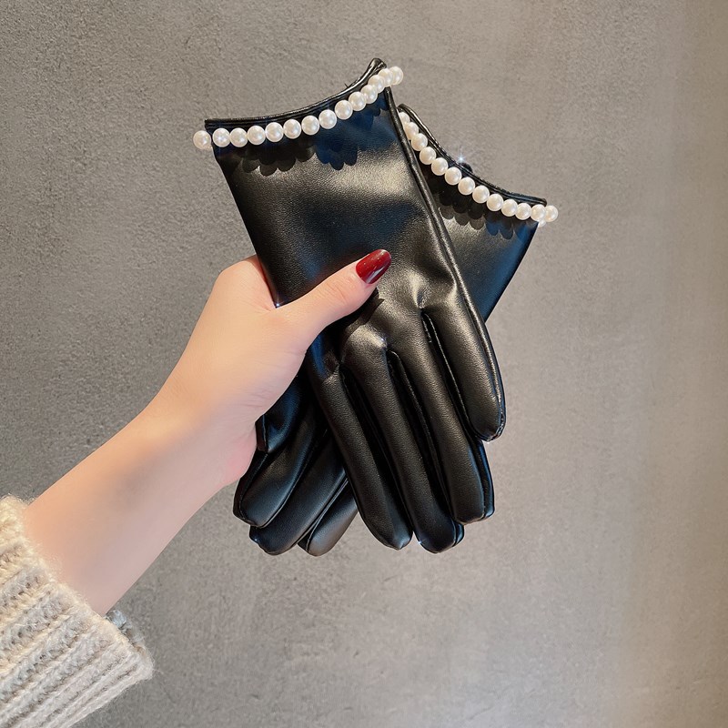 Fünf-Finger-Voll-Touchscreen-PU-Lederhandschuhe Damen Winter-Samt-Handschuhe aus kleinem duftendem Windperlenprotein-Leder_voghion.com