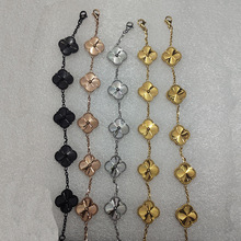 跨境爆款镭射四叶草手链V金高版车花钛钢手链玉髓项链耳饰套装18K