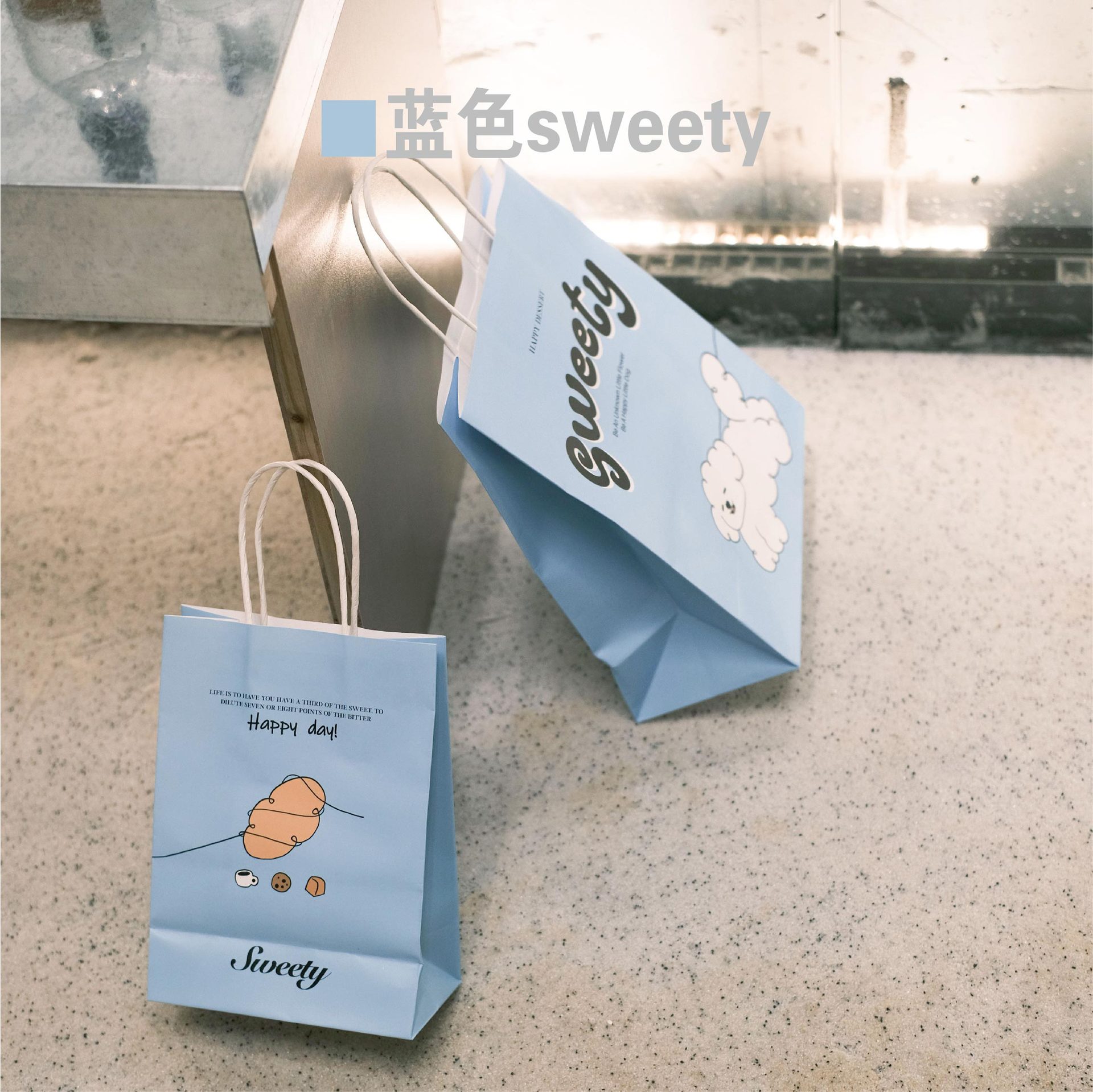 子犬柄防水ハンドバッグ、ミルクティー、コーヒー、ベーキング用包装袋、紙袋、漫画風、小年デザイン