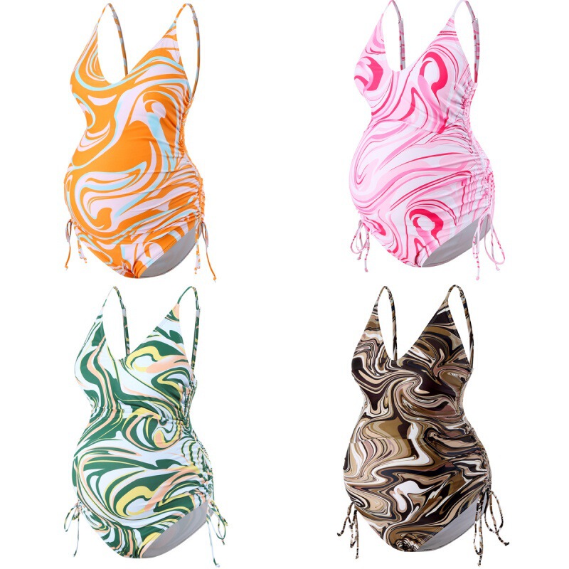 Cross-Border European and American Maternity Bikini One-Piece Printed Sexy Drawstring Slimming Swimsuit with Straps and Backless Design for Women