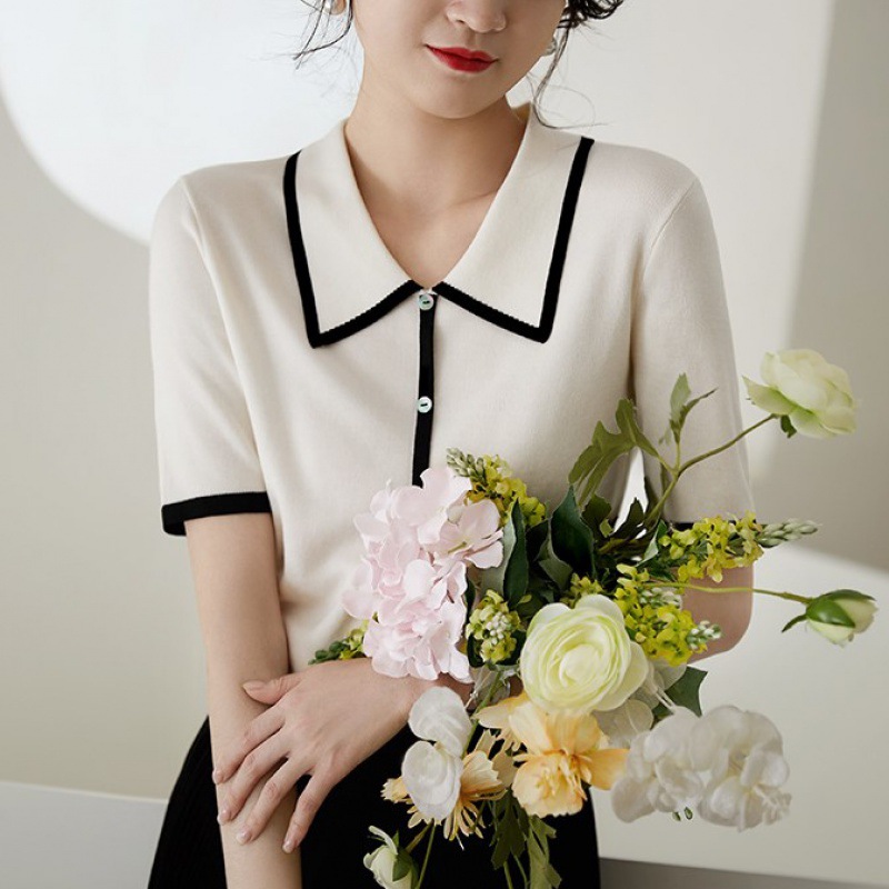 French Elegant Elegant Short-sleeved PoIo Shirt Women's High-end Summer Dress Small Chanel Ice Silk Knitted Sweater Lel Top