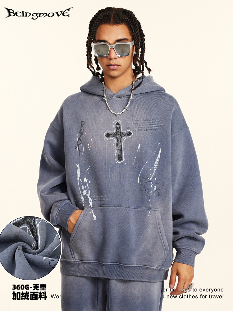 2025 otoño estilo de moda americano pulverización de caballo de agua blanca lavado pan hacer vieja camiseta encapuchada suelta caer manga encapuchada suéter hombre