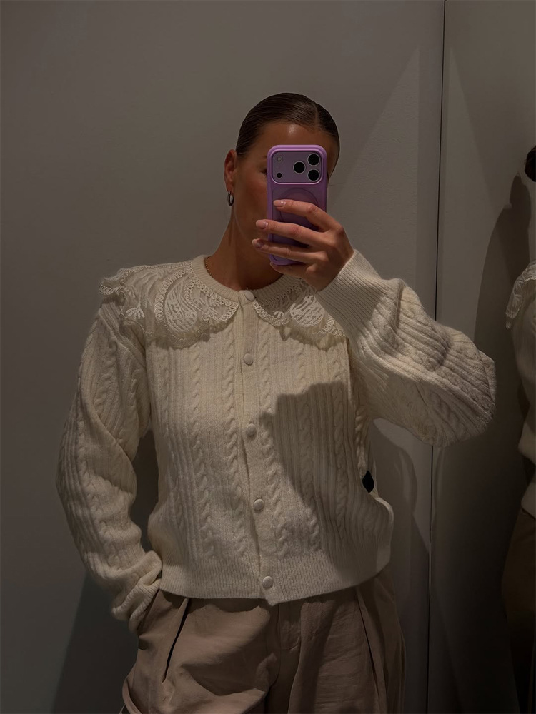 Collar de encaje de color sólido cosido cardigan de punto temperamento elegante 2026 otoño y invierno nuevo estilo transfronterizo europeo y americano