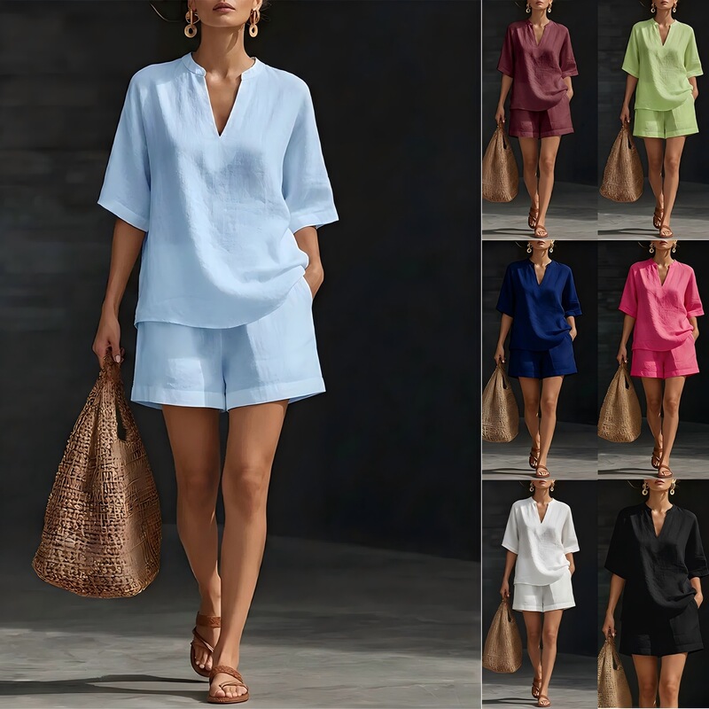 2026 Spring/Summer European and American Cross-Border Women's Fashion Independent Brand Solid Color V-Neck Linen Cotton Casual Top and Shorts Two-Piece Set 2026 Spring/Summer European and American Cross-Border Women's Fashion Independent Brand Solid Color V-Neck Linen Cotton Casual Top and Shorts Two-Piece Set