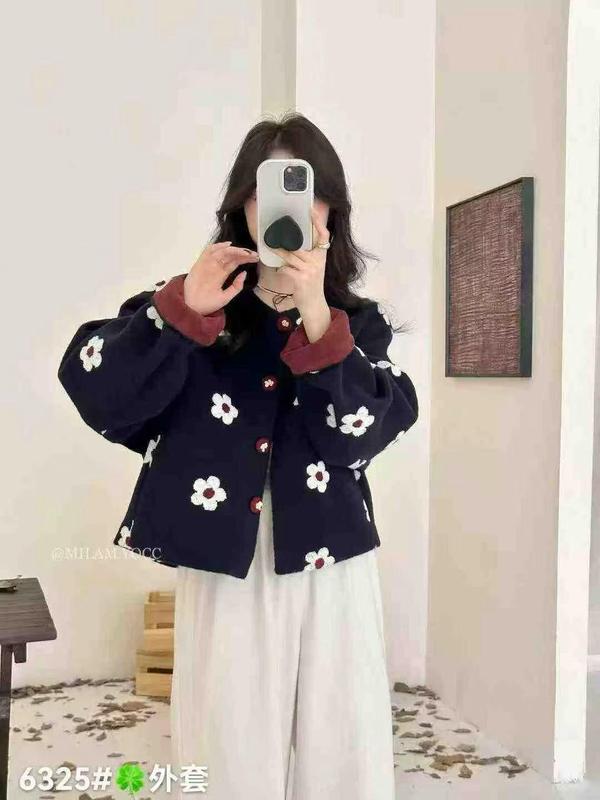 厂家直销欧洲站设计感立体花朵圆领小香风呢子外套女25秋冬上衣潮|undefined