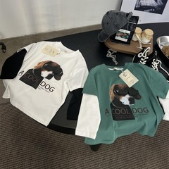2024春季新款兒童魔術貼小狗美式寬鬆T恤男童假兩件街舞圓領長袖