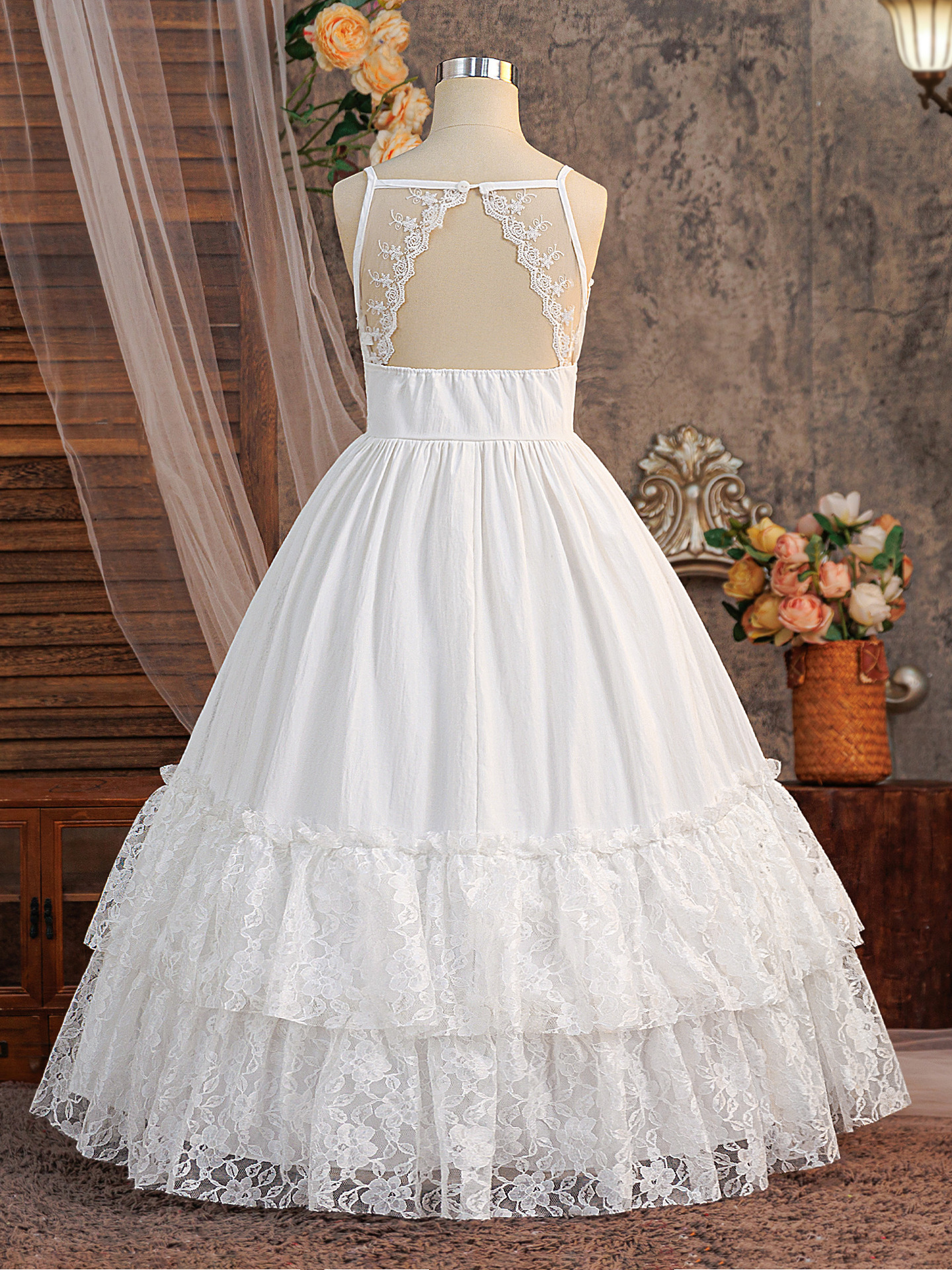 Vestido de niña blanco sin mangas de encaje esling vestido de espalda baja ropa de niños viajes casuales vacaciones vestido de princesa