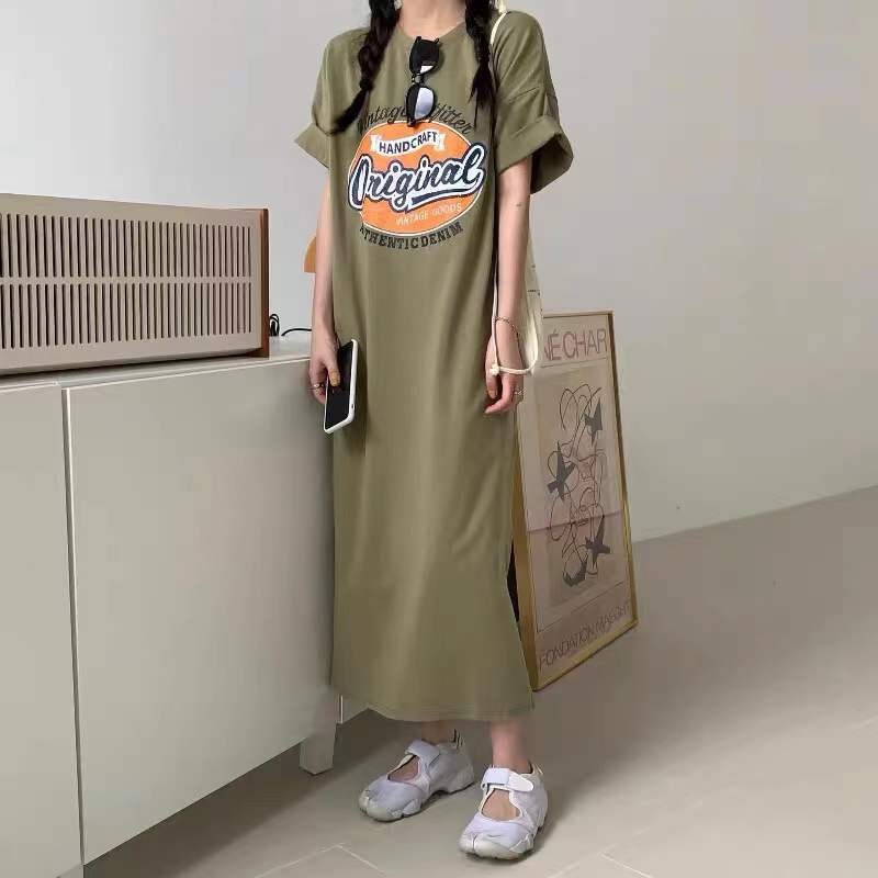 Summer Lazy Style Large Size Women's Wear Women's Slimming Casual Long Dress Loose Retro Split T-shirt Women's Dress for Outer Wear Summer Lazy Style Large Size Women's Wear Women's Slimming Casual Long Dress Loose Retro Split T-shirt Women's Dress for Outer Wear