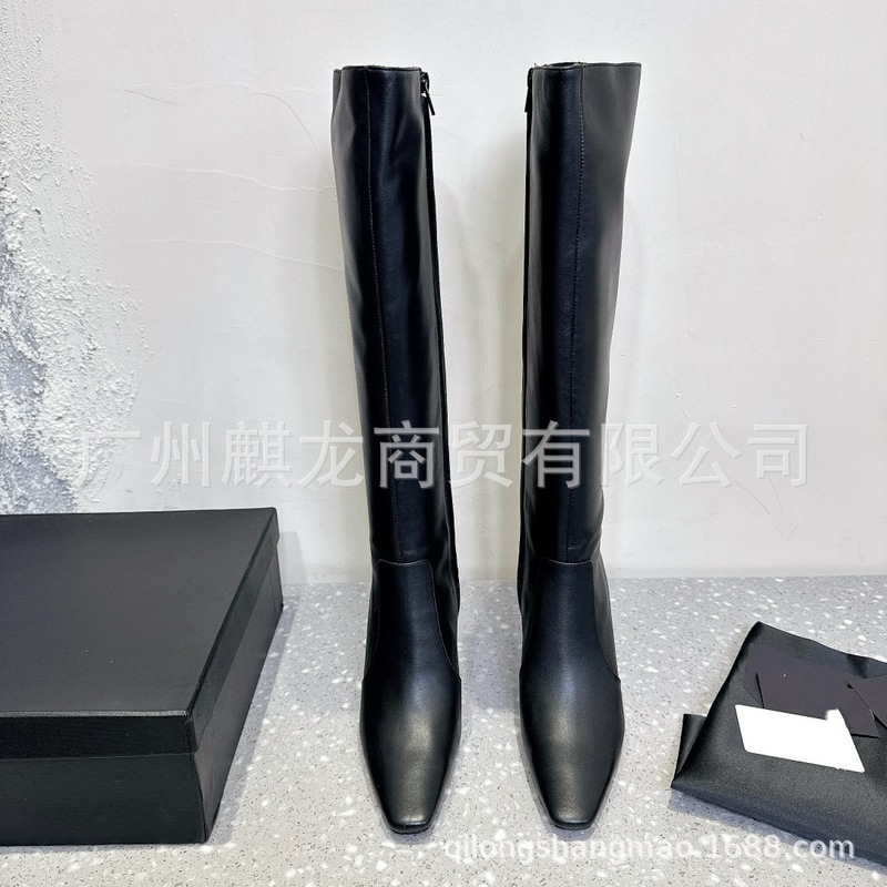 高端2025秋冬真皮小方头复古高跟侧拉链高筒显瘦不过膝长靴骑士靴|undefined