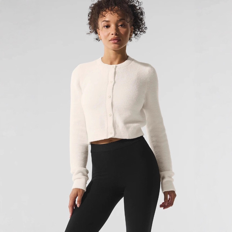 Cross-Border Alo Autumn and Winter New Style German Velvet Long-Sleeved Round Neck Knitted Cardigan Fashionable Short Top for Women Cross-Border Alo Autumn and Winter New Style German Velvet Long-Sleeved Round Neck Knitted Cardigan Fashionable Short Top for Women
