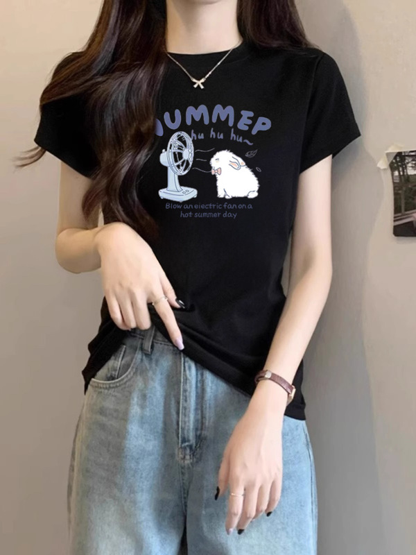デザインニッチな右肩ピュアコットン半袖Tシャツレディース夏新作プリントスリムラウンドネックグレートップトレンディ|undefined