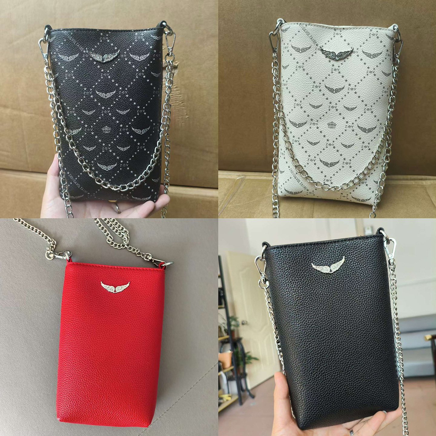 ZV法式设计精致翅膀烫钻荔枝纹简约百搭链条桶型包斜挎单肩手机包