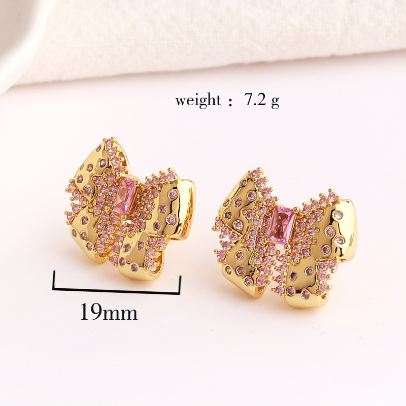 Fashion Heart Shape Bow Knot Copper Plating Inlay Zircon Ear Studs 1 Pair
